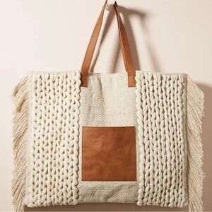 NWT Anthropologie Cream/Camel Knit Fringe Woven Tote Bag with Leather Accents